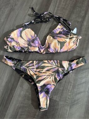 Billabong Floral Halter Reversible 2 piece Bikini - Purple, Peach & Black